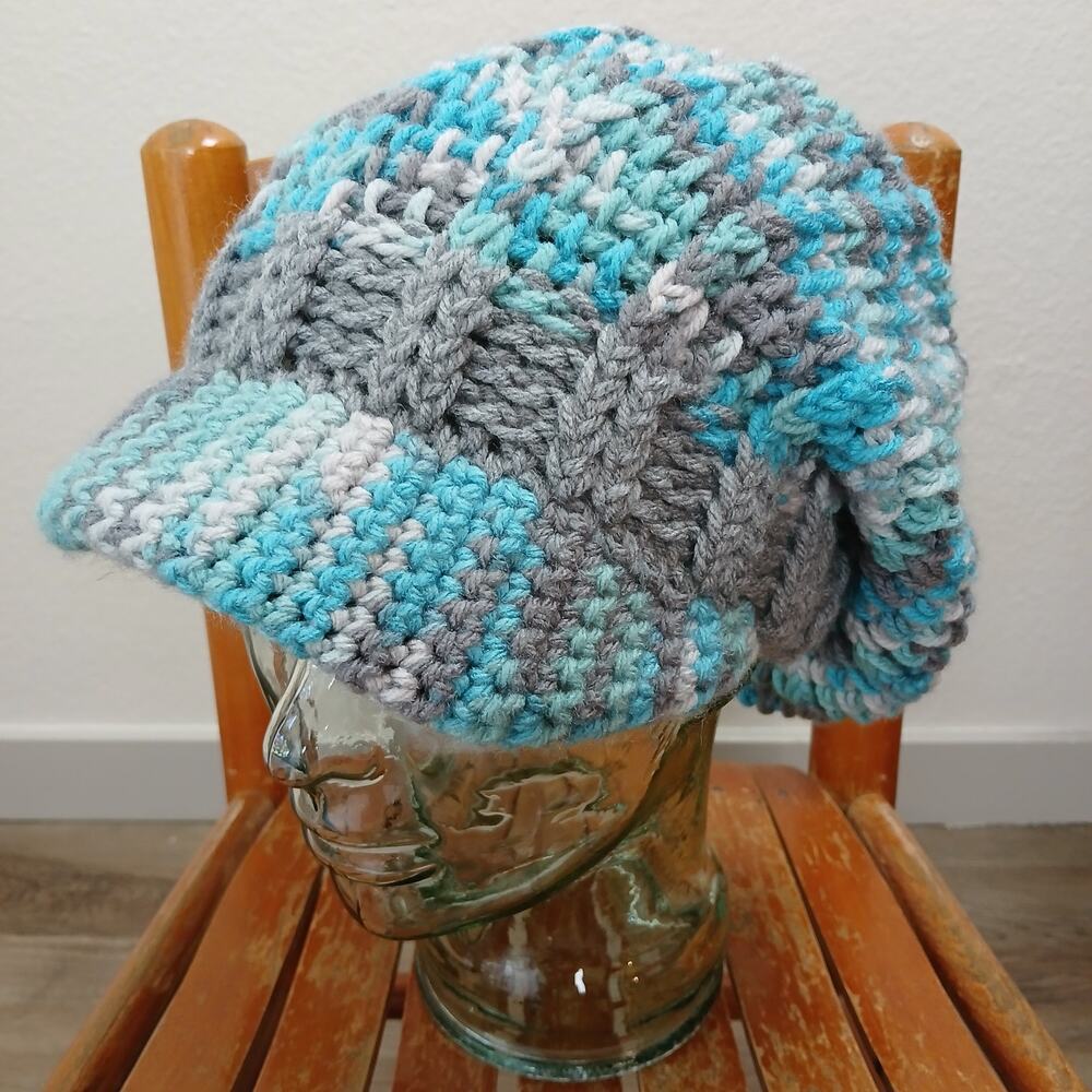 Icelandic Grey Slouchy Hat with a Brim OSFM premade newsboy blue boho cottage